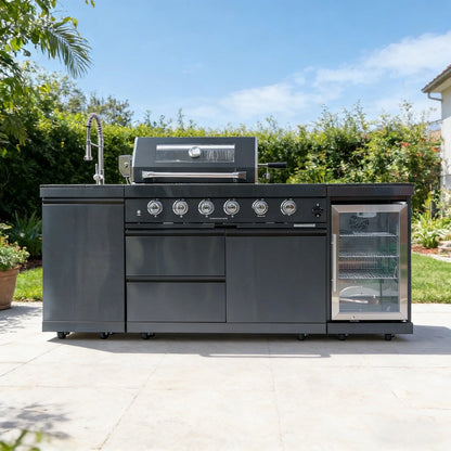 Outdoor Kitchen Island Black Stainless Steel with Sink & 46-Inch 4-Burner 72000 BTU Grill, Wine Cooler, Refrigerator, Rotisserie Kit & Granite Countertops — product view 3