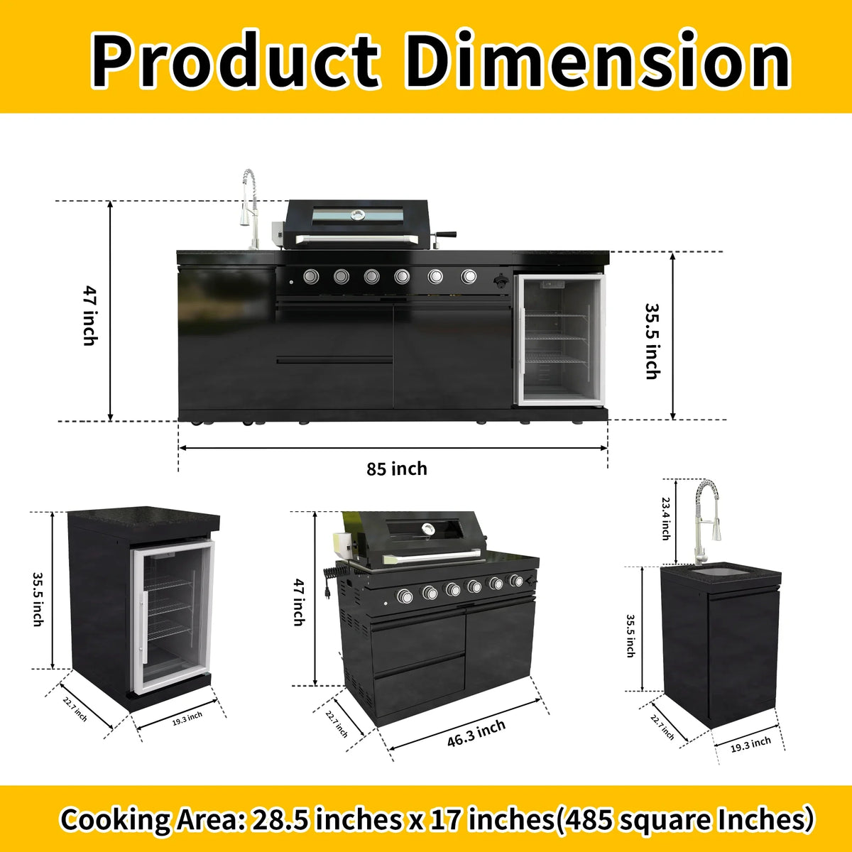Outdoor Kitchen Island Black Stainless Steel with Sink & 46-Inch 4-Burner 72000 BTU Grill, Wine Cooler, Refrigerator, Rotisserie Kit & Granite Countertops — product view 4