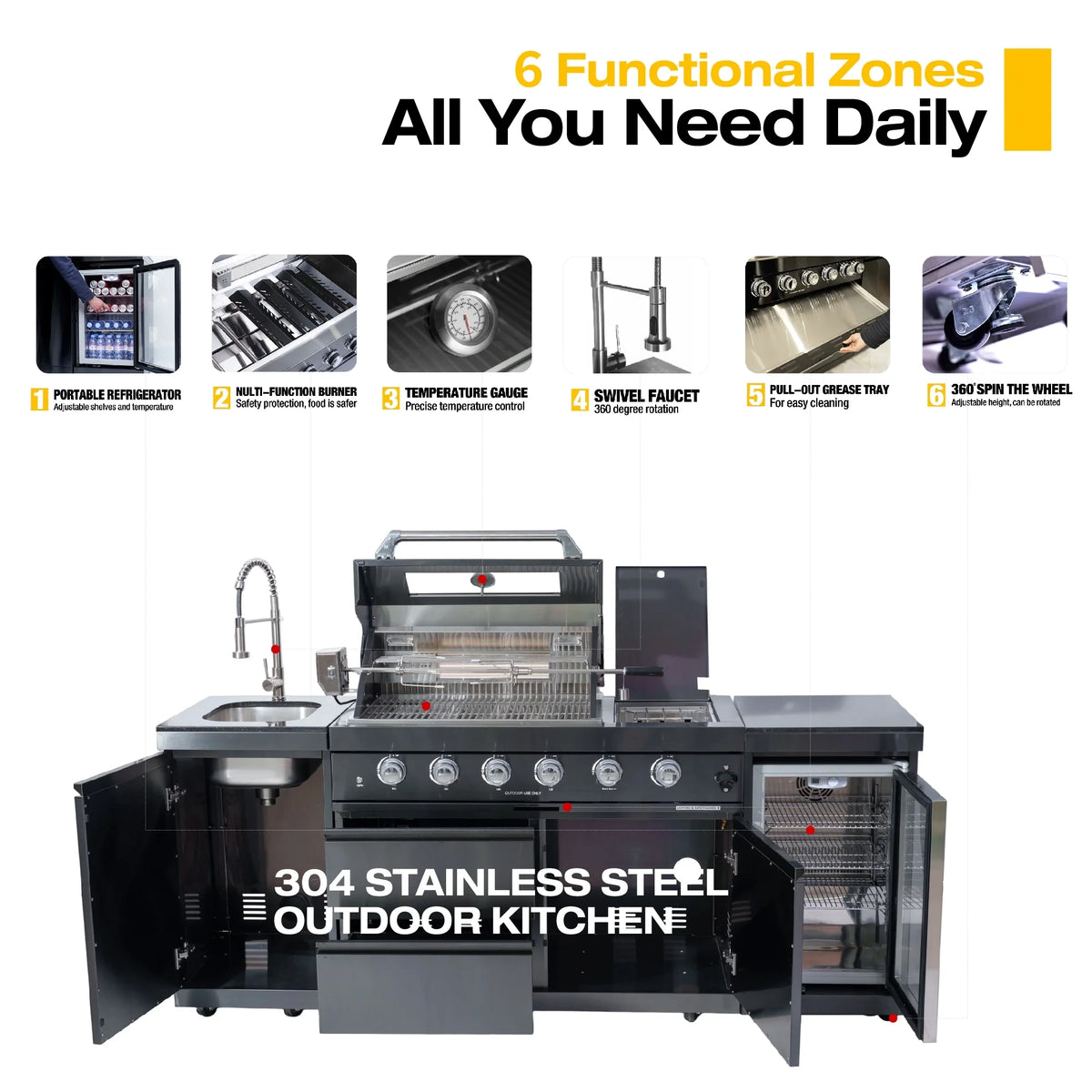 Outdoor Kitchen Island Black Stainless Steel with Sink & 46-Inch 4-Burner 72000 BTU Grill, Wine Cooler, Refrigerator, Rotisserie Kit & Granite Countertops — product view 5