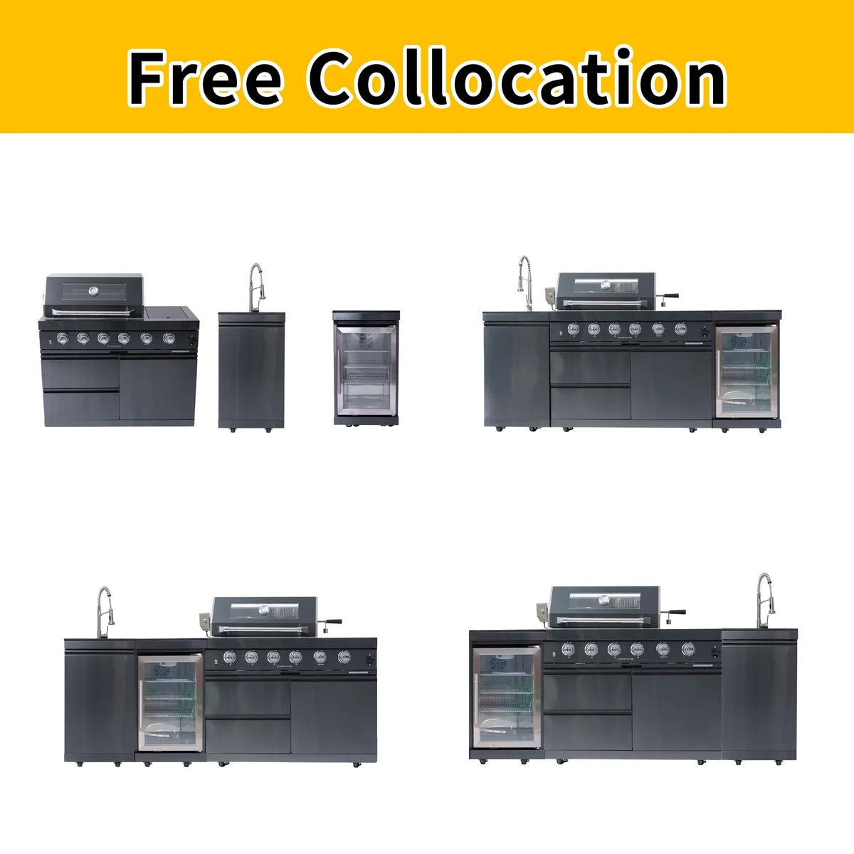Outdoor Kitchen Island Black Stainless Steel with Sink & 46-Inch 4-Burner 72000 BTU Grill, Wine Cooler, Refrigerator, Rotisserie Kit & Granite Countertops — product view 6