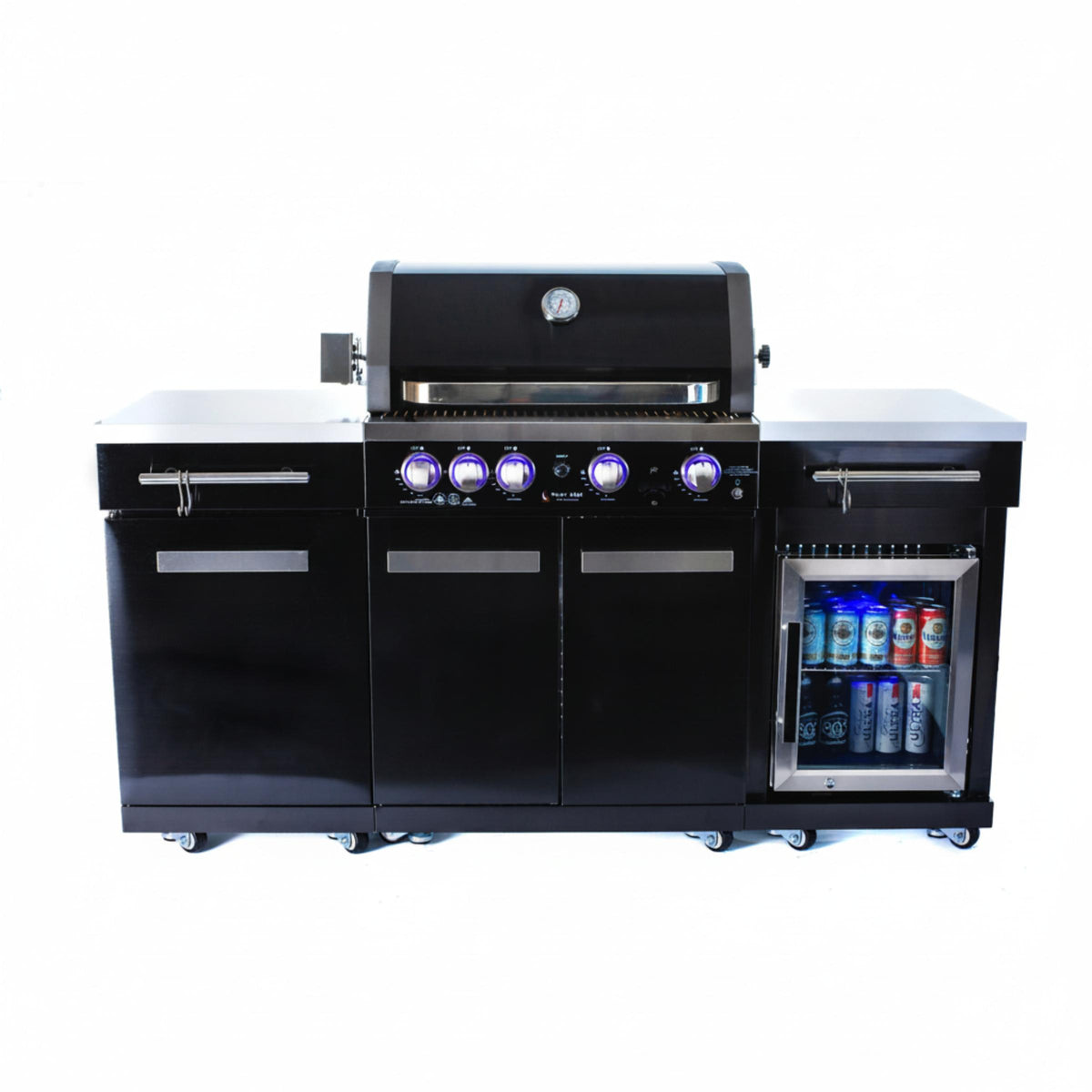 70" Black Stainless Steel Outdoor Kitchen Island with Grill & Fridge