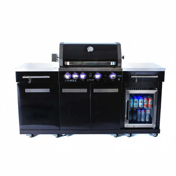 70" Black Stainless Steel Outdoor Kitchen Island with Grill & Fridge