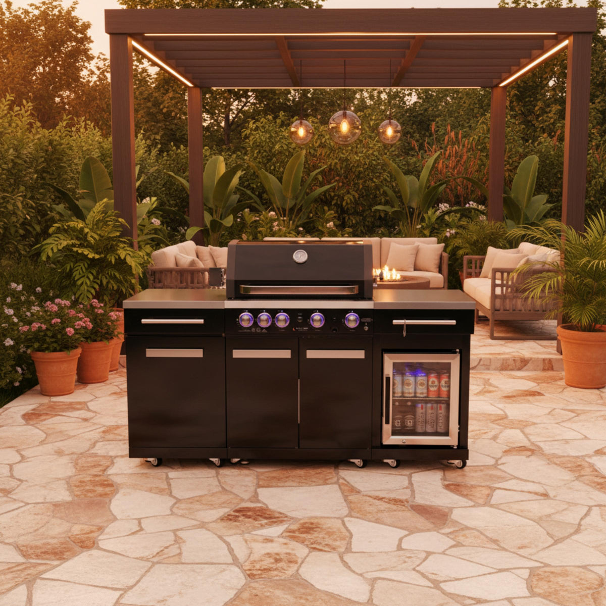 70" Black Stainless Steel Outdoor Kitchen Island with Grill & Fridge