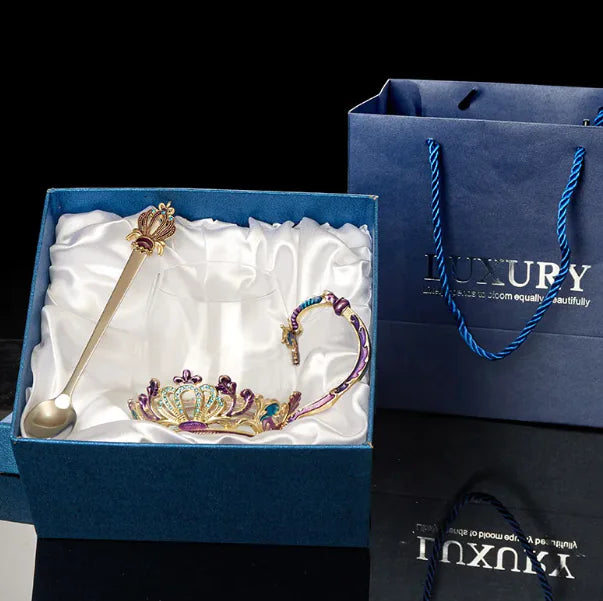 Heat-resistant Enamel Crystal Glass Tea Cup with Lid and Spoon, Floral Pattern, Gift Box Options