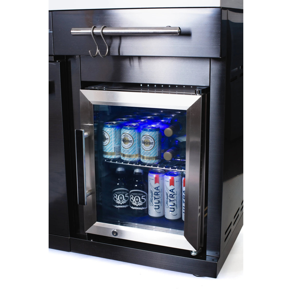 Premium 70" Black Stainless Steel Outdoor Kitchen Island with Refrigerator + 32"W 4-Burner BBQ Grill with Rear Burner — product view 2
