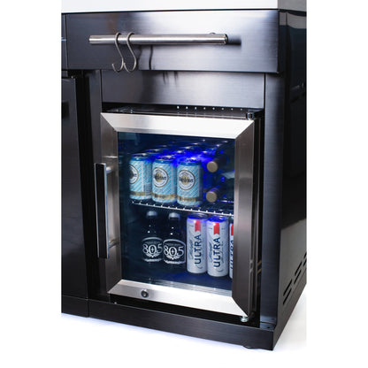 Premium 70" Black Stainless Steel Outdoor Kitchen Island with Refrigerator + 32"W 4-Burner BBQ Grill with Rear Burner — product view 2