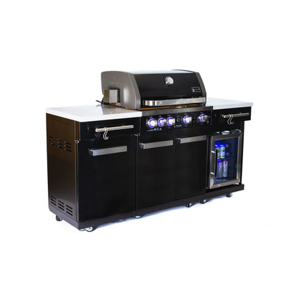 Premium 70" Black Stainless Steel Outdoor Kitchen Island with Refrigerator + 32"W 4-Burner BBQ Grill with Rear Burner — product view 3