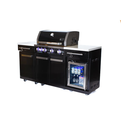 Premium 70" Black Stainless Steel Outdoor Kitchen Island with Refrigerator + 32"W 4-Burner BBQ Grill with Rear Burner — product view 4