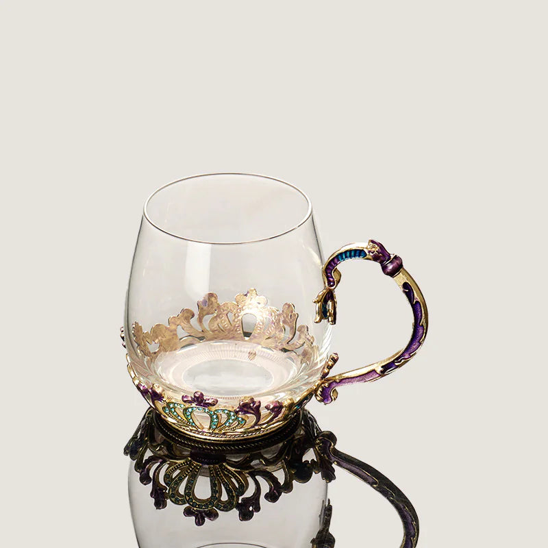 Heat-resistant Enamel Crystal Glass Tea Cup with Lid and Spoon, Floral Pattern, Gift Box Options