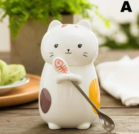 Ceramic Cat Mug with Lid for Coffee