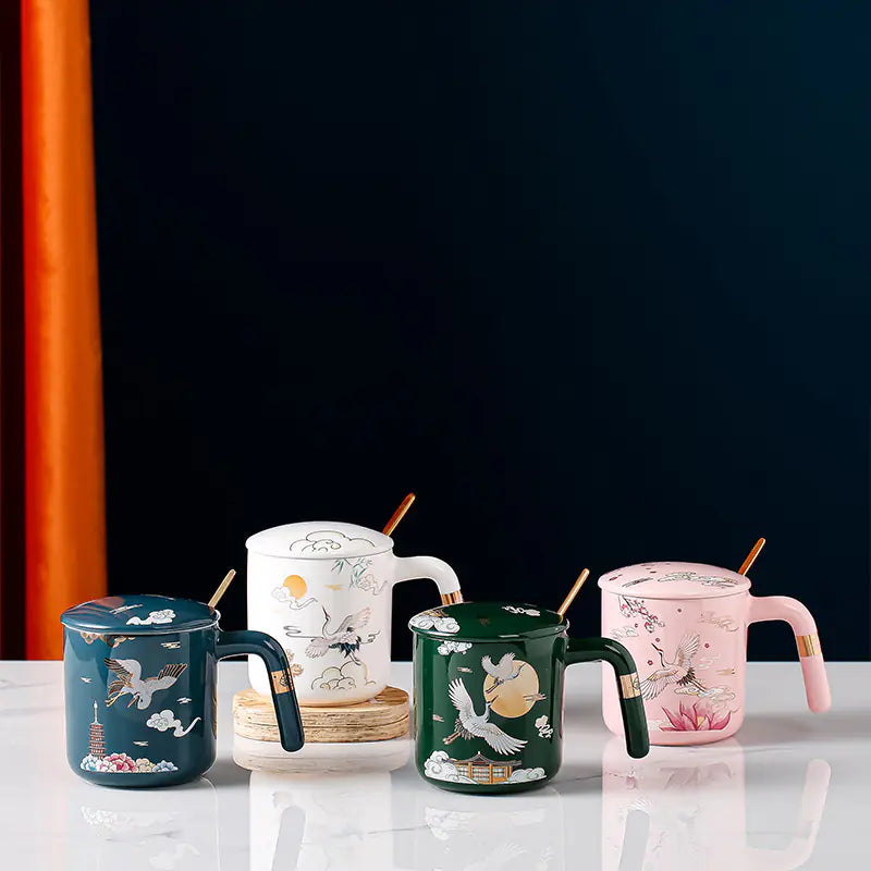 Ceramic Coffee Cup Set with Lid and Spoon, Floral Design