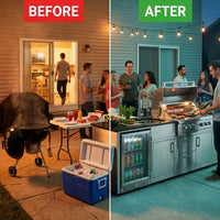 BBQ Island Outdoor Kitchen Kits, 4-Burner 72000 BTU Stainless Steel Modular 98 Inch Natural Gas Outdoor Kitchen Bar Barbecue Island Grill with Refrigerator and Sink for Patio Backyard — Before & After