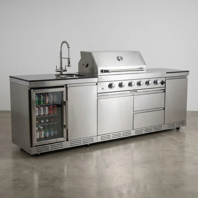 BBQ Island Outdoor Kitchen Kits, 4-Burner 72000 BTU Stainless Steel Modular 98 Inch Natural Gas Outdoor Kitchen Bar Barbecue Island Grill with Refrigerator and Sink for Patio Backyard — Studio Shot