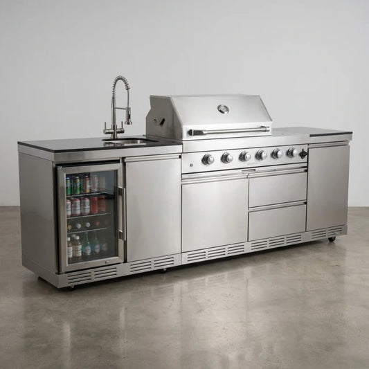 BBQ Island Outdoor Kitchen Kits, 4-Burner 72000 BTU Stainless Steel Modular 98 Inch Natural Gas Outdoor Kitchen Bar Barbecue Island Grill with Refrigerator and Sink for Patio Backyard — Studio Shot