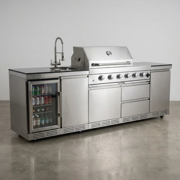 BBQ Island Outdoor Kitchen Kits, 4-Burner 72000 BTU Stainless Steel Modular 98 Inch Natural Gas Outdoor Kitchen Bar Barbecue Island Grill with Refrigerator and Sink for Patio Backyard — Studio Shot