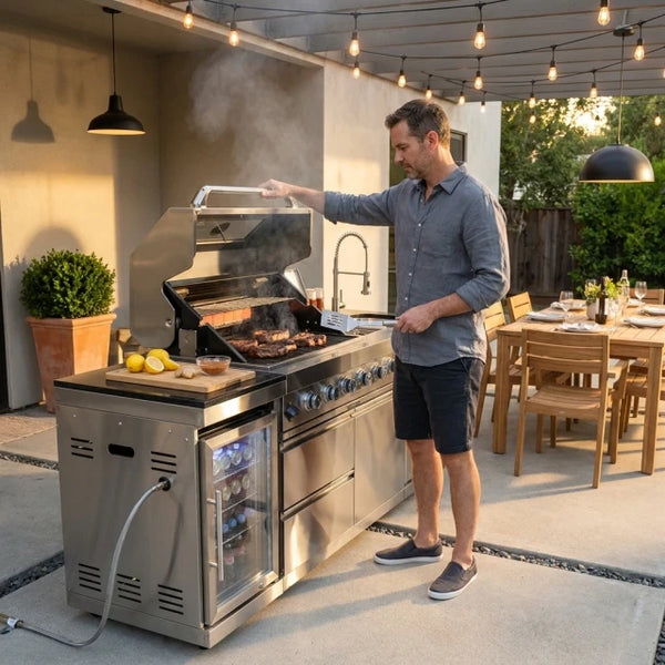 Outdoor Kitchen Island Built for Complete Backyard Cooking, 4-Burner 72000 BTU Grill, Refrigerator, Granite Countertops