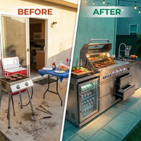 BBQ Island Outdoor Kitchen Kits, 4-Burner 72000 BTU Stainless Steel Modular 98 Inch Natural Gas Outdoor Kitchen Bar Barbecue Island Grill with Refrigerator and Sink for Patio Backyard — Before & After