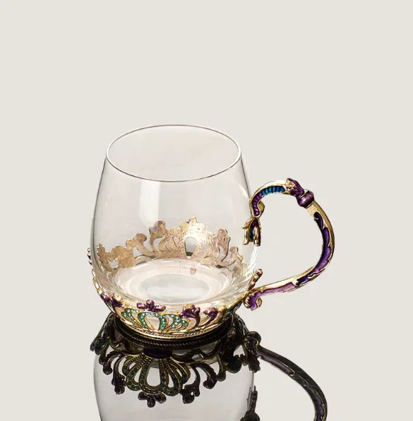 Heat-resistant Enamel Crystal Glass Tea Cup with Lid and Spoon, Floral Pattern, Gift Box Options